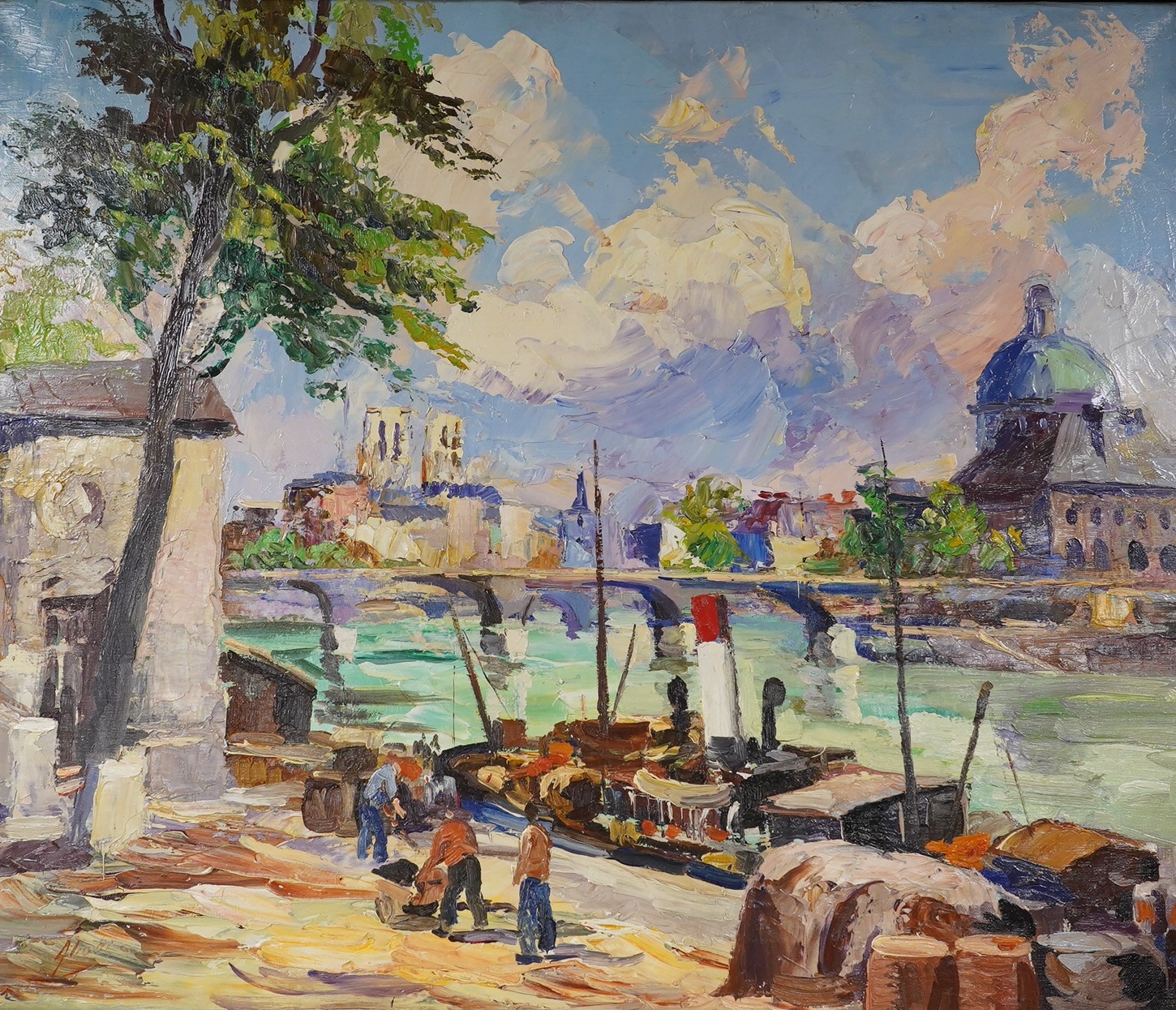 A Liotti, impasto oil on canvas, Italian harbour scene with figures, signed, partial label verso, 50 x 60cm. Condition - fair to good